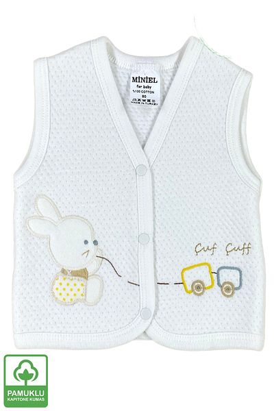 Miniel Baby Girl Rabbit Embroidered Organic Cotton 3-6-9 Months 2-Piece Quilted Baby Vest - Pink