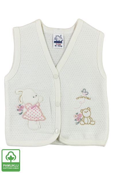 Miniel Baby Girl Cute Teddy Bear Embroidered Organic Cotton 3-6-9 Months 3-Piece Quilted Baby Vest Set