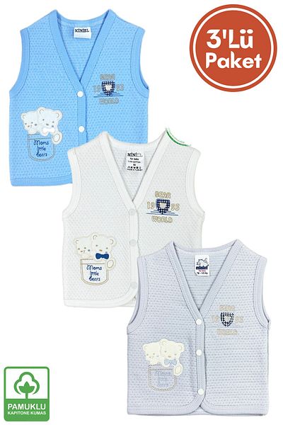 Miniel 3-Piece Unisex Baby Vest Set - Twin Teddy Bear Embroidered, Organic Cotton Quilted