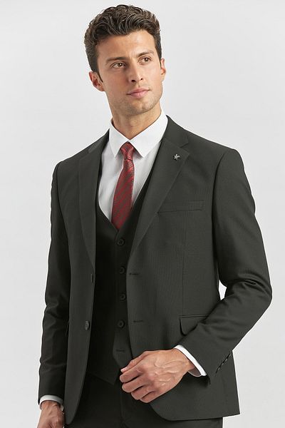 İmza Black Patterned Dobby Mono Collar Vest Lycra 6 Drop Slim Fit Suit 1001240180