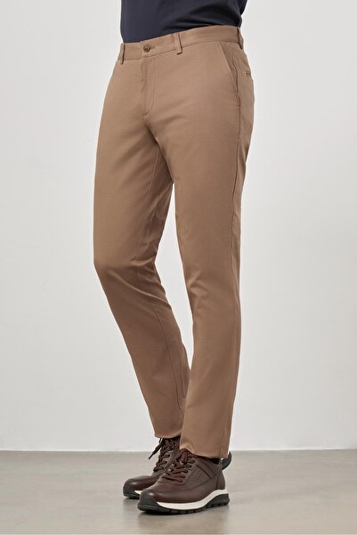 İmza Σκούρο μπεζ βαμβακερό πλαϊνό παντελόνι Chino Casual Slim Fit 1003245150