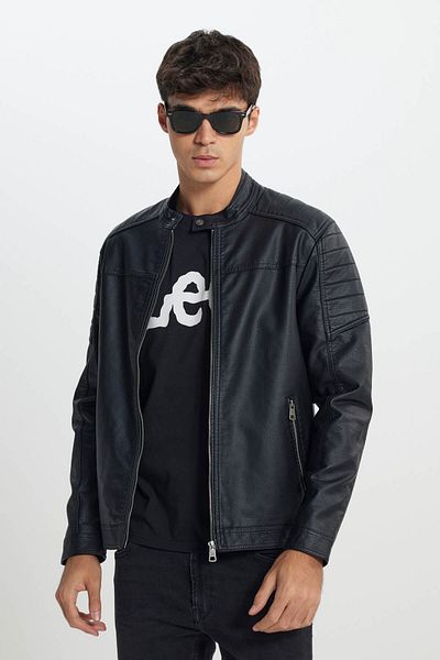 Lee Schwarze Kunstlederjacke für Herren mit normaler Passform und normaler Passform und Reißverschluss
