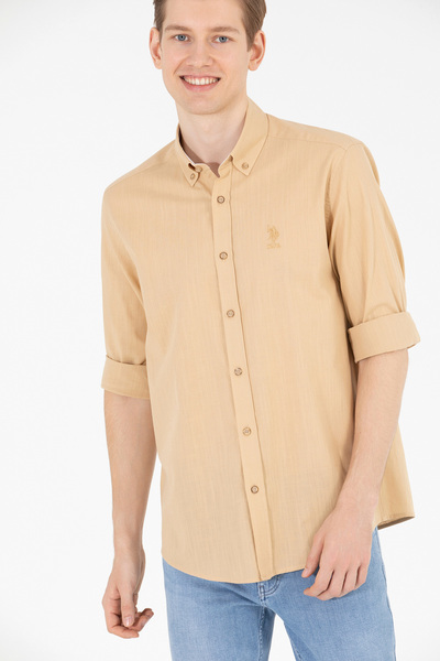 U.S. Polo Assn. Cămașă cu mânecă lungă Camel pentru bărbați 50269859-VR015