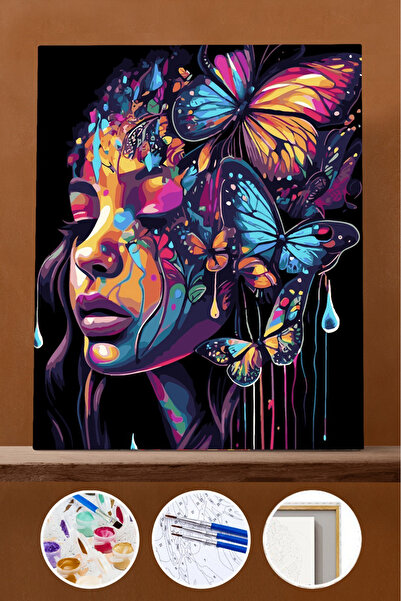 Pastelya Sayılarla Boyama Seti Çerçeveli Kasnaklı Kelebek Kadın 40 x 50 cm