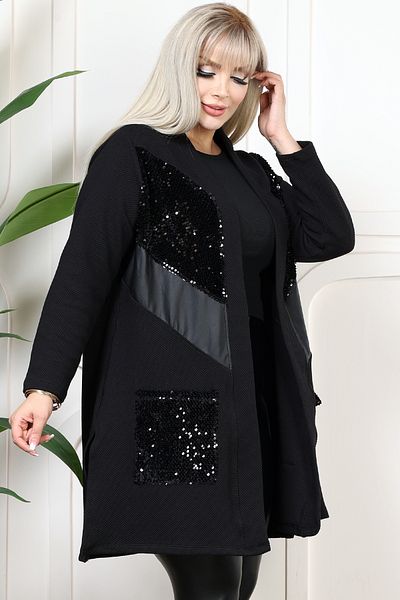 Kheos V-Neck Long Sleeve Sequin Front Faux Leather Blocked Pocket Flowy Midi Size Large Size Jacquard Cardigan