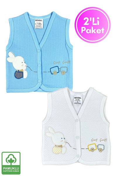 Miniel Baby Boy Rabbit Embroidered Organic Cotton 3-6-9 Months 2-Piece Quilted Baby Vest - Blue