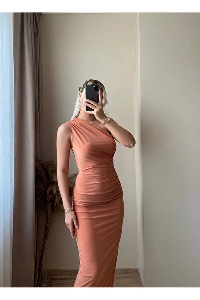 Zora Butik Omuz Detay Drapeli Elbise- ŞEFTALİ