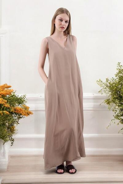 Ravencia V-подібний комір, лляне жіноче плаття - еластичні бретелі
