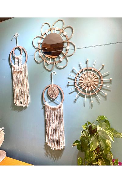 kattuna Bohemian Daisy Mirror and Macrame Wall Decoration Product Set of 3