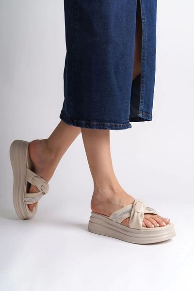 TB Terzi Bey Clara Flat Heeled Ribbon Patterned Stone Thick and Orthopedic Sole Women's Slippers Kt Cream