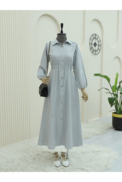 HİJABAYA Ριγέ φόρεμα με ελαστική μέση και κουμπιά