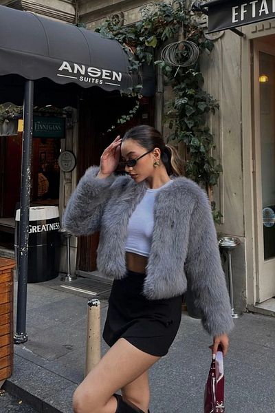 LACHT Women's Anthracite Crop Lined Premium Fur Jacket