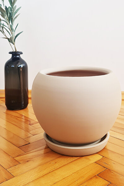 patili hayat Çömlek Saksı Küre Model Bej Saksı Orta Boy Tabaklı Saksı