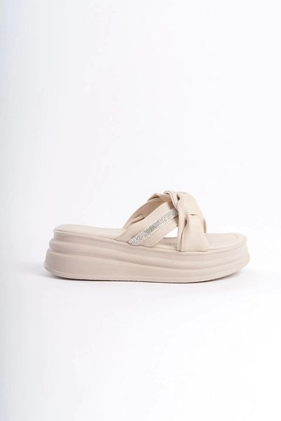 TB Terzi Bey Clara Flat Heeled Ribbon Patterned Stone Thick and Orthopedic Sole Women's Slippers Kt Cream