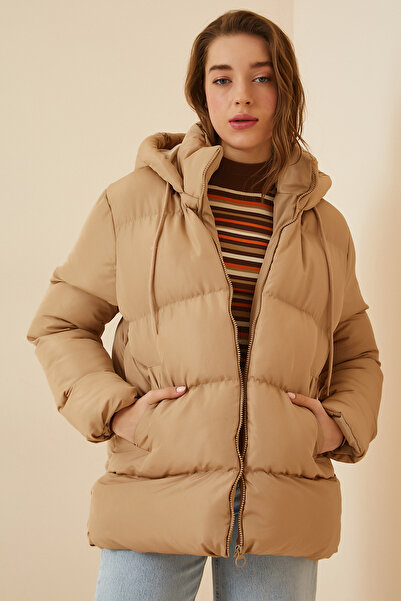 Lovelyİstanbul Palton puf cu glugă supradimensionată - BISCUI LRV0022
