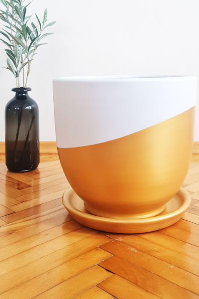 patili hayat Çömlek Saksı U Model Gold Beyaz Saksı Büyük Boy Tabaklı Saksı