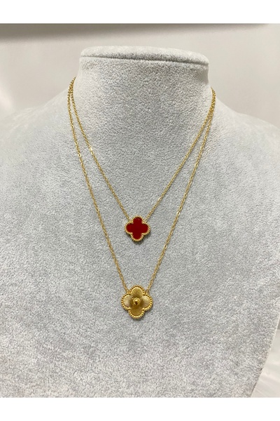 ANGELSS JEWELLERY Double Combination Gold Burgundy Necklace (Yonca Model Gold...