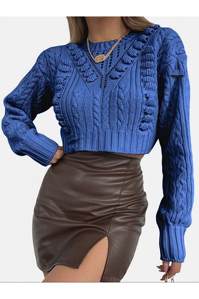 Modamorfo Geprägter, gemusterter, durchbrochener Strickpullover – Indigo