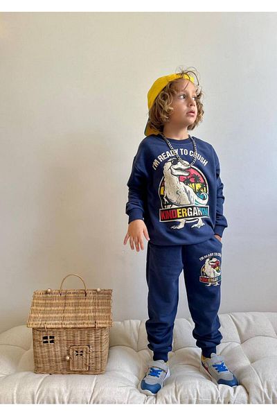 endudu Boy's Dinosaur Patterned Winter 3 Thread Cotton Sweatshirt Tracksuit Top and Bottom Oversize Set