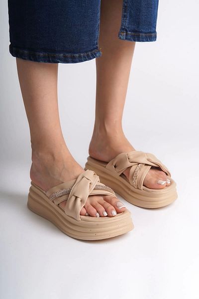 TB Terzi Bey Clara Flat Heeled Ribbon Patterned Stone Thick and Orthopedic Sole Women's Slippers Tt Ten