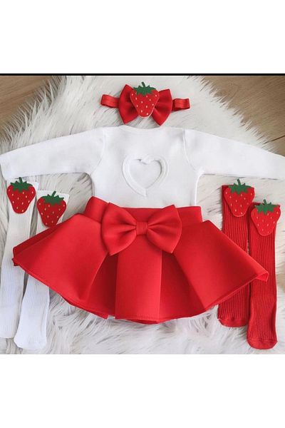 Kokosh kidss Girl's Long-Sleeved Red Skirt Strawberry Set