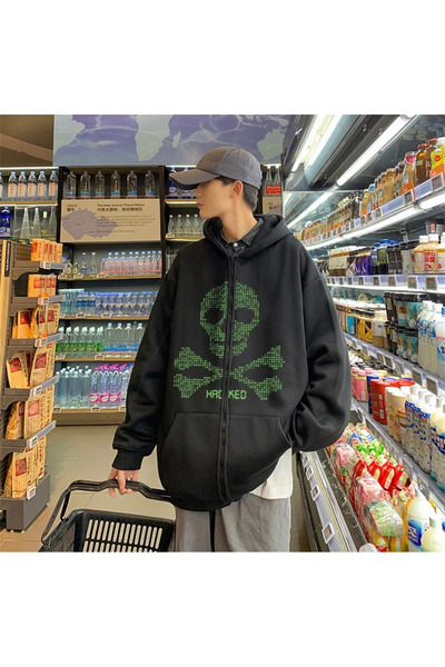Genel Markalar Y2K Hacked Baskılı Oversize Fermuarlı Siyah Unisex Kapüşonlu Hırka