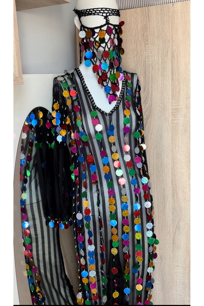 Aura Oryantal رقص شرقي - فستان شفاف من قطعتين بأكمام طويلة مزين بالترتر الملو...