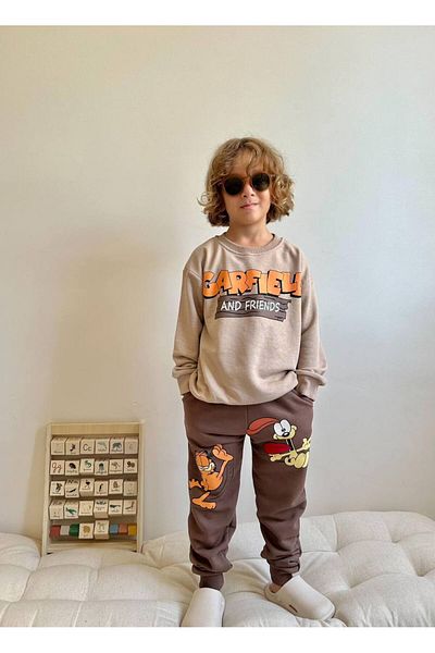 endudu Boy's Garfield Patterned Oversize Sweatshirt and Tracksuit Set - 3 Thread Cotton