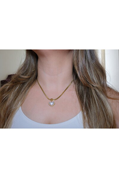 Hubjua Royal Çekik kalp model kolye inci Sedef charm gold Altın rengi