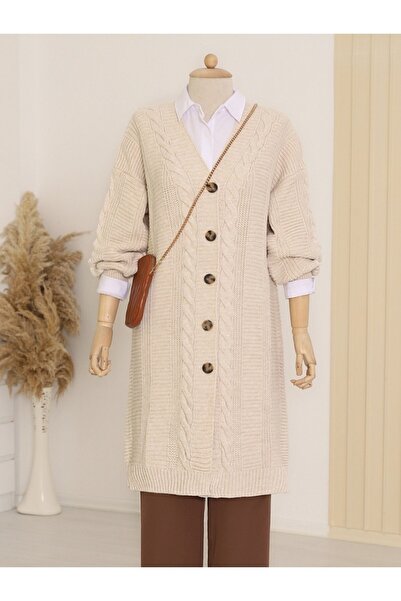 HİJABAYA Saç Örgü Detaylı Düğmeli Kalın Triko Hırka