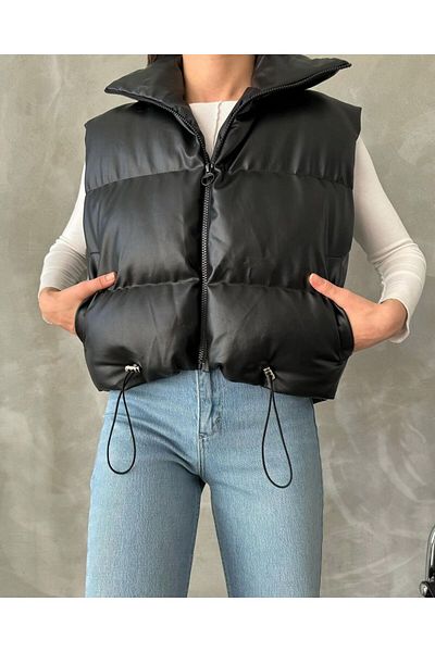 MEYASU Vestă scurtă gonflabilă supradimensionată din piele artificială cu căptușeală neagră