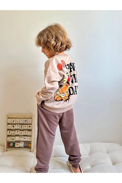 endudu Boy's Garfield Patterned Oversize Sweatshirt and Tracksuit Set - 3 Thread Cotton