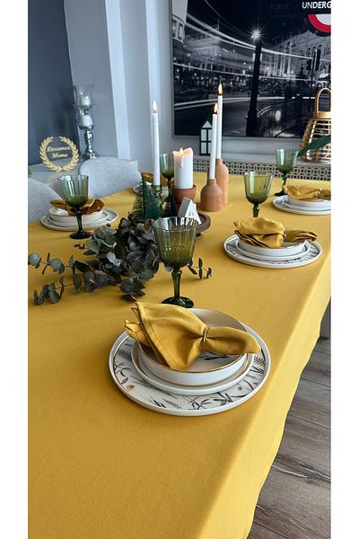 Decamor home Față de masă din bumbac, in, țesătură anti-pete, galben muștar