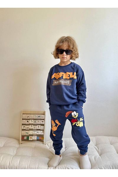 endudu Boy's Garfield Patterned Oversize Sweatshirt and Tracksuit Set - 3 Thread Cotton