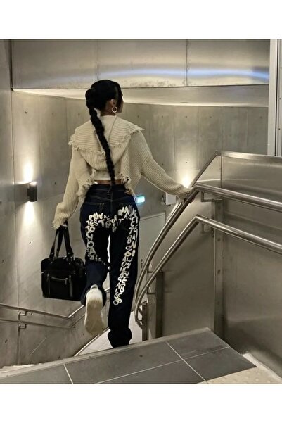 Oldeys Street Y2K Newstyle Baskılı Wide Leg Jean Bol Paça Siyah Kot Pantolon