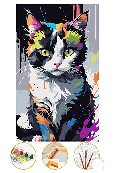 Puzzle Sayılarla Boyama TUVAL ÇERÇEVELİ GERİLMİŞ BOYA FIRÇA HEDİYELİ yavru kedi
