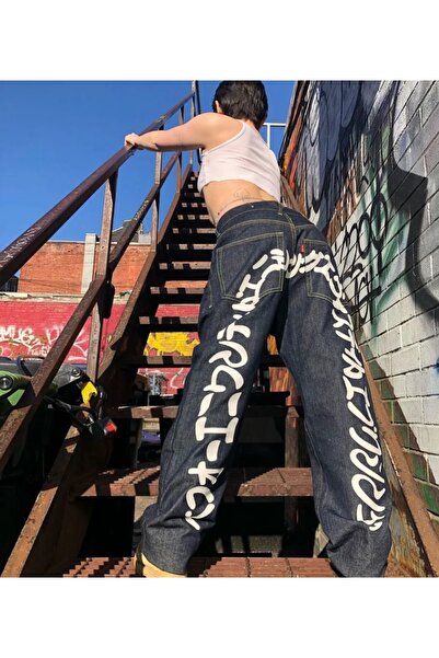 Oldeys Street Y2K Newstyle Baskılı Wide Leg Jean Bol Paça Siyah Kot Pantolon