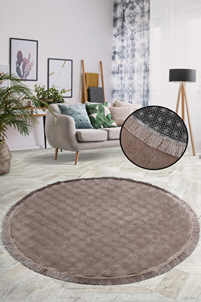 Teksev Bubble Kahve Renk Yuvarlak Spor Saçaklı Salon Oda Halısı Yıkanabilir K...