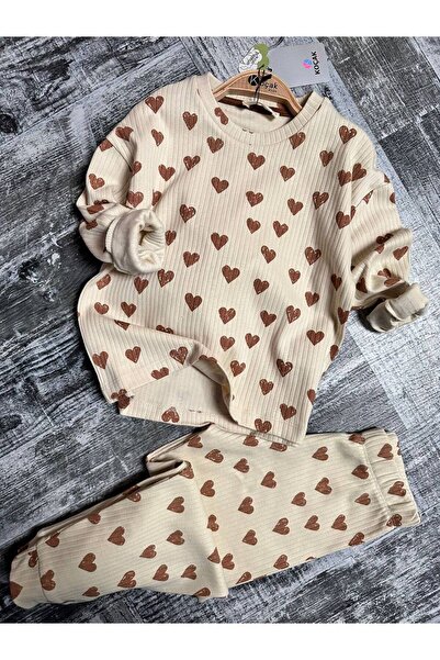 CANDA Girl's Heart Patterned Ribbed Pajamas Set