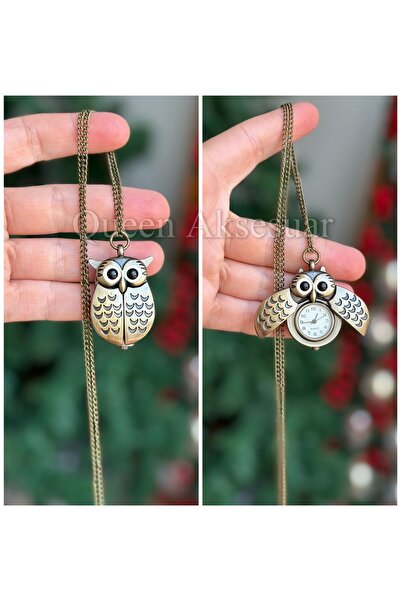 QUEEN AKSESUAR Imported Luxury Metal Cute Owl Model Clamshell Retractable Chain Necklace Watch