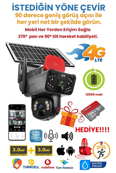 Kadraj Solar Panelli, Güneş Enerjili, SIM Kartlı 4G, 6MP Çift Lensli PTZ Güvenlik Kamerası – Hareket Algıla