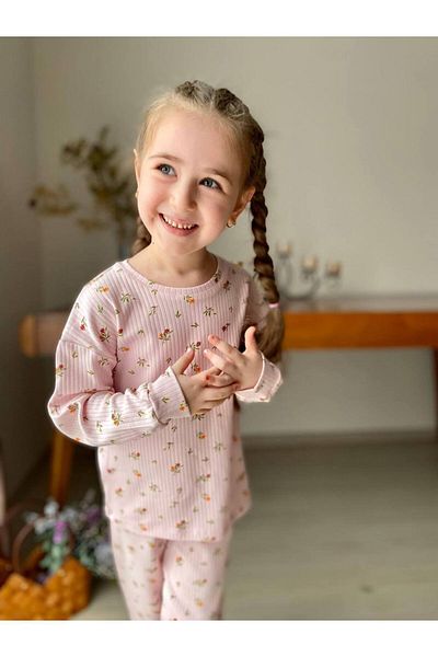 CANDA Girl's Floral Patterned Ribbed Pajamas Set