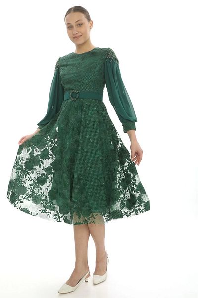 PHELDA Emerald Green Shoulder Detailed Belted φόρεμα 714