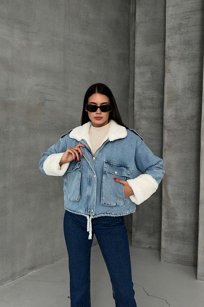 LACHT ENT Palton de damă din blugi din shearling cu dantelă