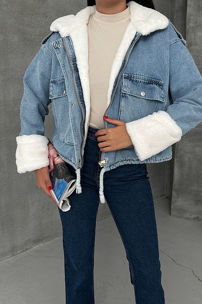 LACHT ENT Palton de damă din blugi din shearling cu dantelă