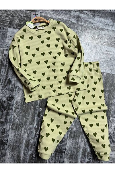 CANDA Girl's Heart Patterned Ribbed Pajamas Set