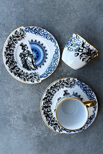 porselenden Vanessa İki Desenli Porselen 2 Kişilik Kahve Fincan Takımı Mavi Siyah