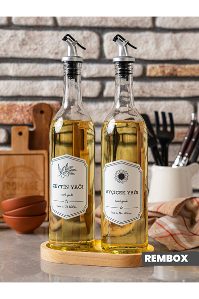 Rembox Ahşap Standlı 2'li Yağ ve Sirke Şişesi 750 ml Yağlık Zeytinyağ Sıvıyağ Şişesi Şeffaf Cam Yağdanlık