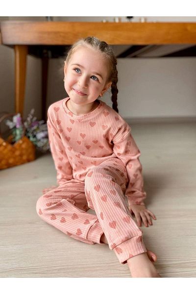 CANDA Girl's Heart Patterned Ribbed Pajamas Set