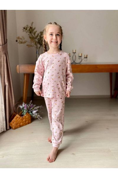 CANDA Girl's Floral Patterned Ribbed Pajamas Set